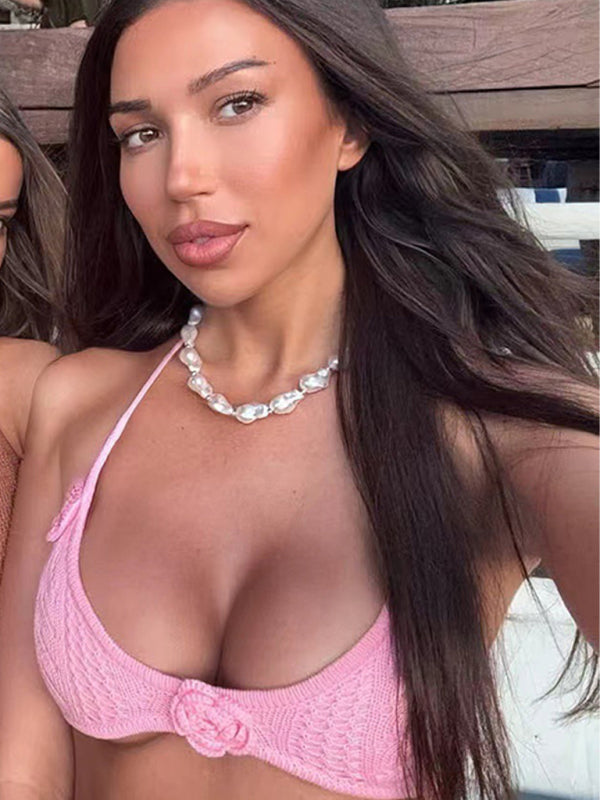 Beach Vacation Bikini Two-Piece Set Flower Strappy Long Skirt Hand-Crocheted Flower Set