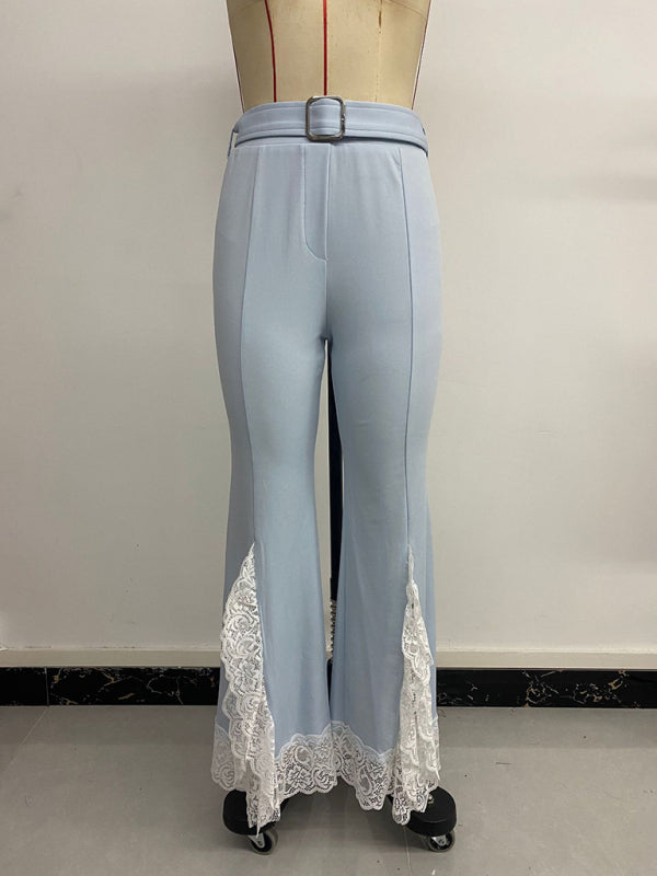 Casual And Elegant With Belt High Waist Lace Solid Color Flared Pants