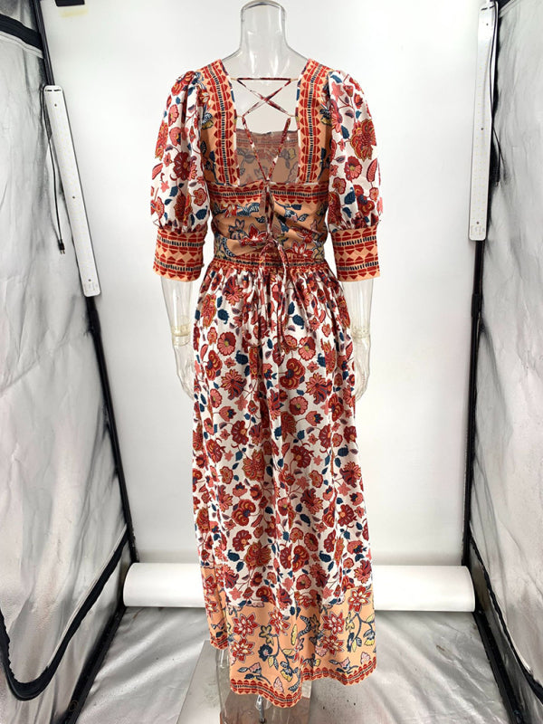 Casual Print Top Square Neck Skirt Two-Piece Set