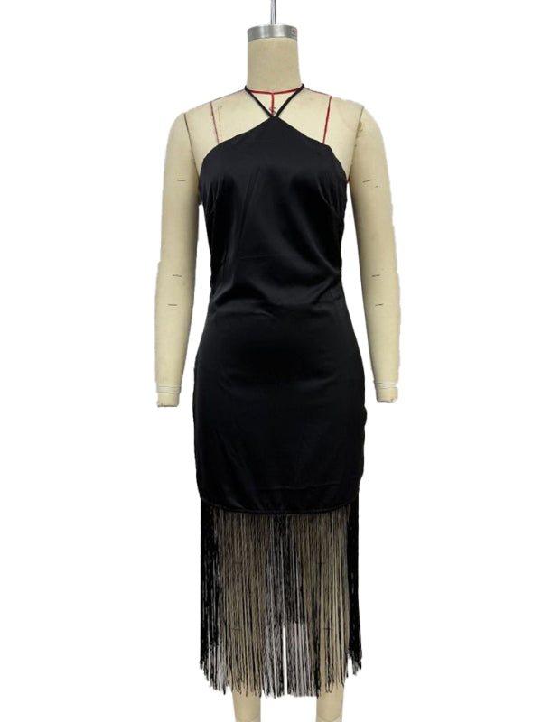 Solid Color Off-the-shoulder Tassel Bodycon Dress