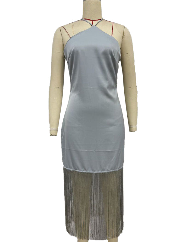 Solid Color Off-the-shoulder Tassel Bodycon Dress