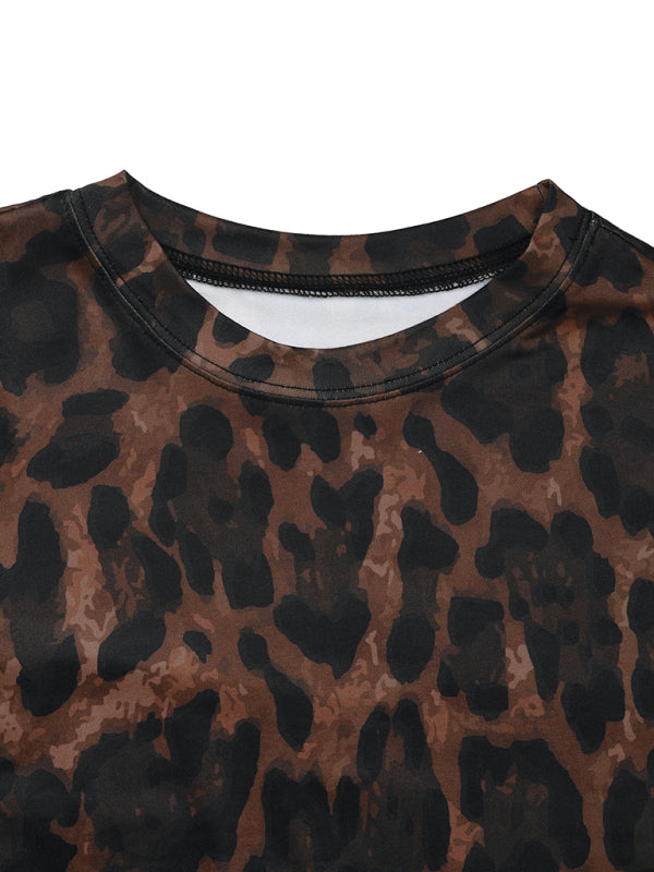 Women's Round Neck Sexy Hip-Wrapped Two-Piece Suit Long Sleeve Leopard Print Slim Fit Slit Set