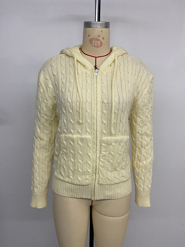Hooded Cable Knit Solid Color Cardigan Sweater