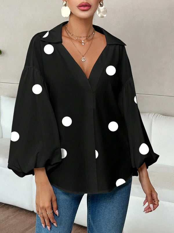 Polka Dot, Loose-Fitting, Puff-Sleeved Top With A Semi-Open Collar