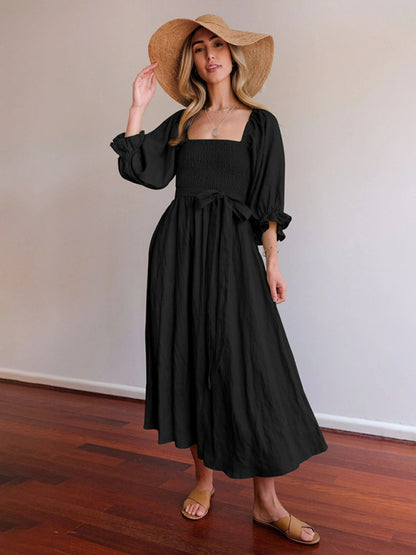 New style rope belt ruffled lantern sleeve dress