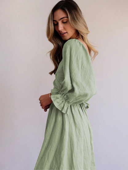 New style rope belt ruffled lantern sleeve dress