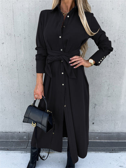 New long skirt solid color cardigan long sleeve dress