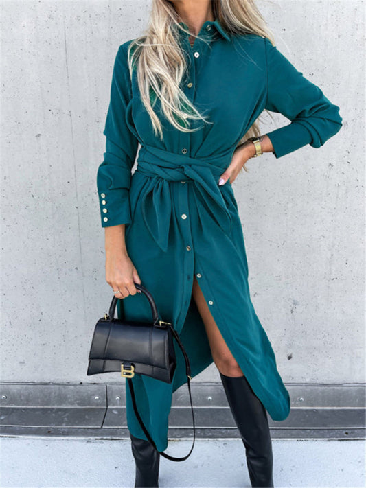 New long skirt solid color cardigan long sleeve dress