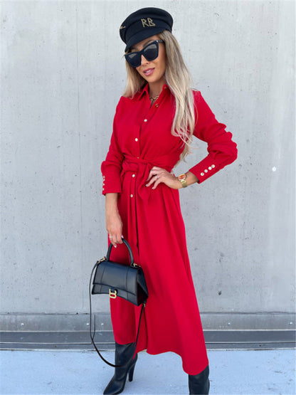 New long skirt solid color cardigan long sleeve dress