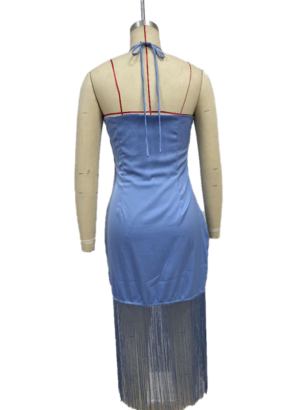 Solid Color Off-the-shoulder Tassel Bodycon Dress
