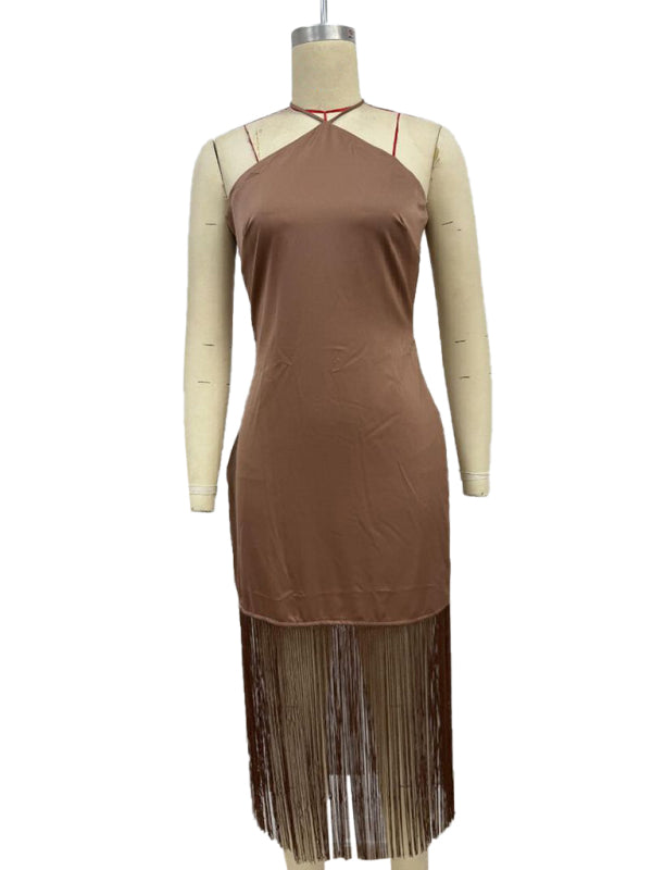 Solid Color Off-the-shoulder Tassel Bodycon Dress