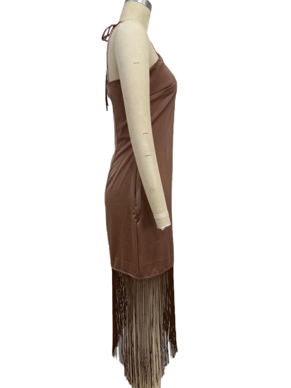Solid Color Off-the-shoulder Tassel Bodycon Dress