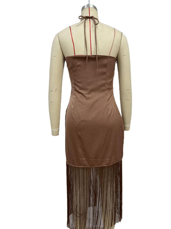 Solid Color Off-the-shoulder Tassel Bodycon Dress