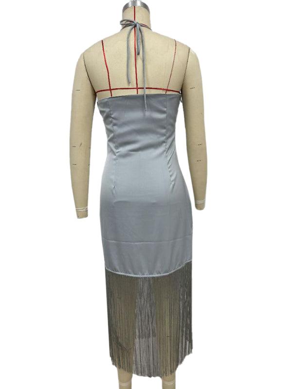 Solid Color Off-the-shoulder Tassel Bodycon Dress