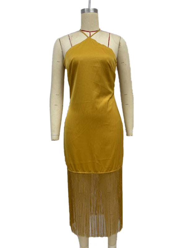 Solid Color Off-the-shoulder Tassel Bodycon Dress