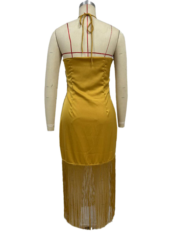 Solid Color Off-the-shoulder Tassel Bodycon Dress
