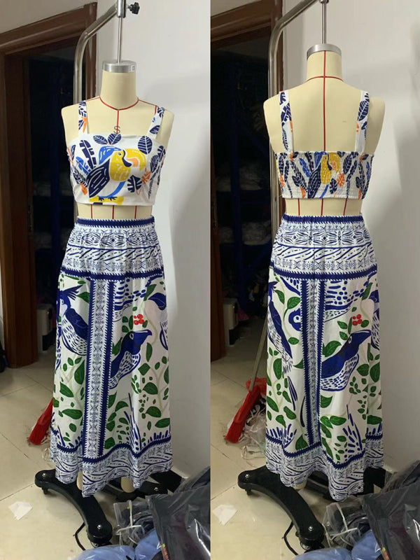 Women's Printed Fashion Sexy Suspender + Skirt Set