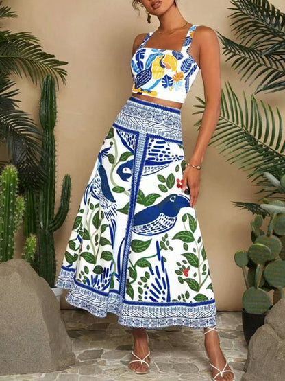 Women's Printed Fashion Sexy Suspender + Skirt Set