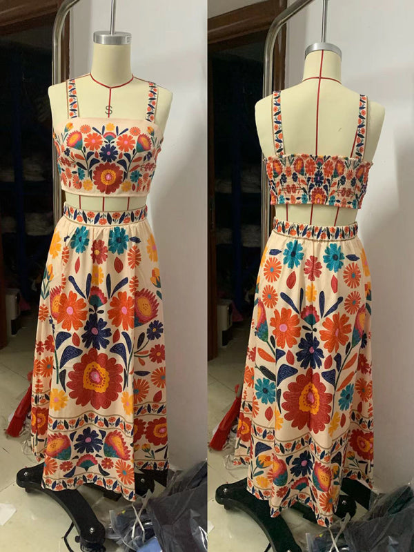 Women's Printed Fashion Sexy Suspender + Skirt Set