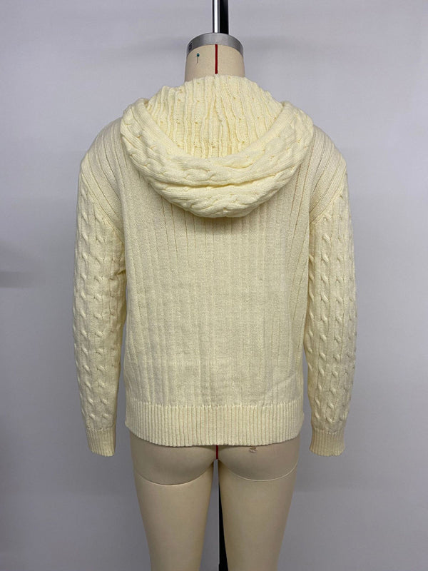Hooded Cable Knit Solid Color Cardigan Sweater