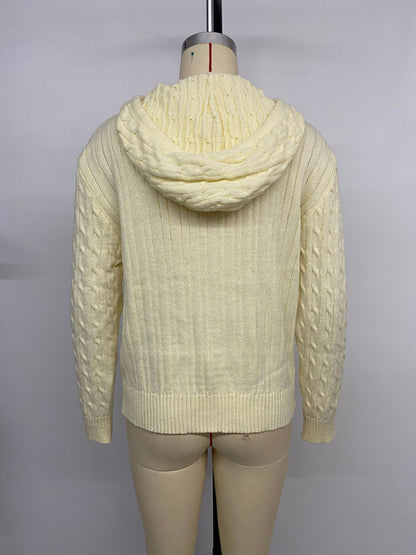 Hooded Cable Knit Solid Color Cardigan Sweater