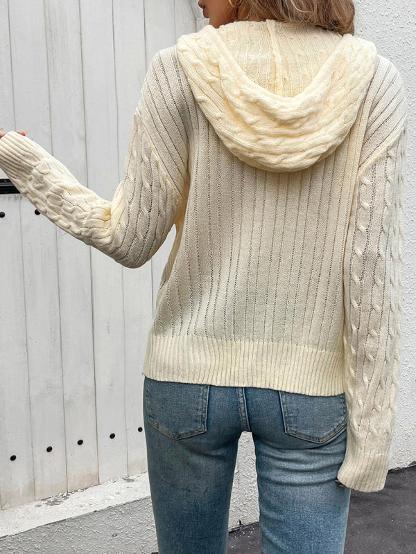 Hooded Cable Knit Solid Color Cardigan Sweater