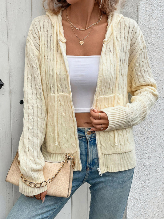 Hooded Cable Knit Solid Color Cardigan Sweater
