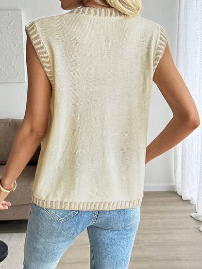 New contrast color sleeveless cardigan knitted vest