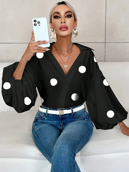 Polka Dot, Loose-Fitting, Puff-Sleeved Top With A Semi-Open Collar