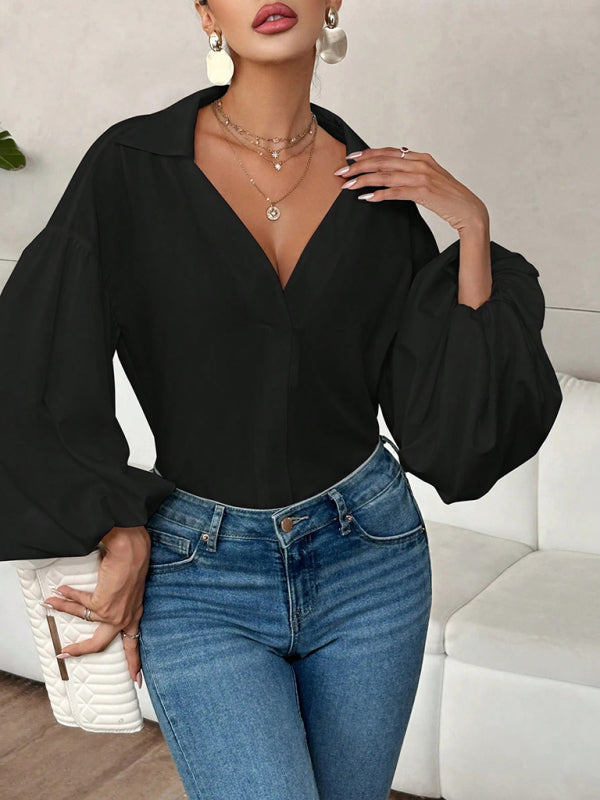 Long-fitting, puff-sleeved top with a semi-open collar