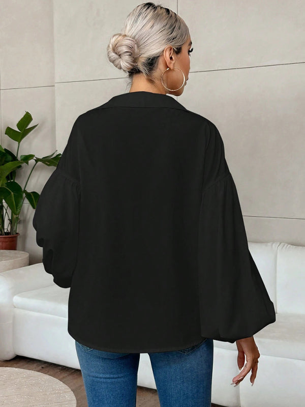Long-fitting, puff-sleeved top with a semi-open collar