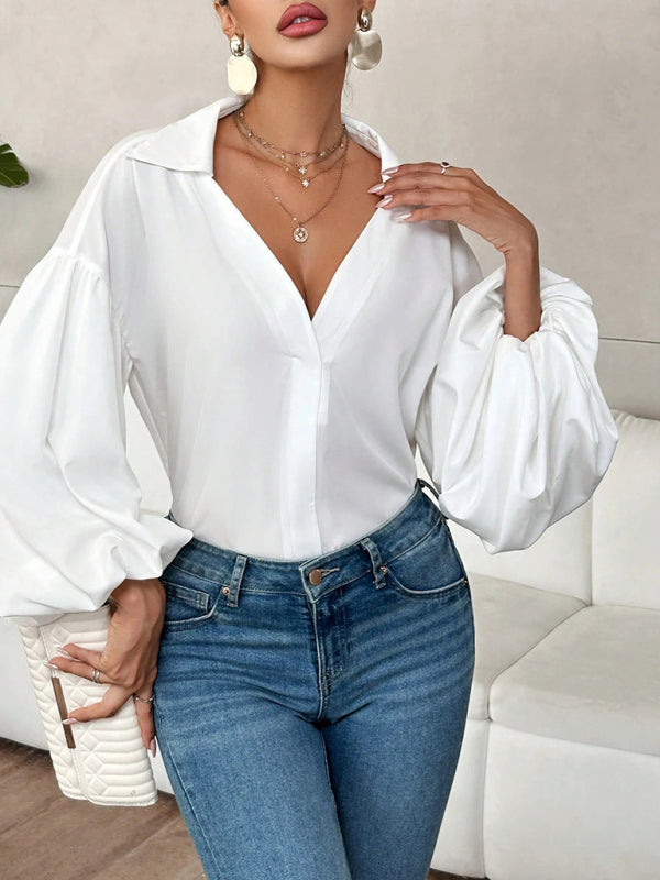 Long-fitting, puff-sleeved top with a semi-open collar