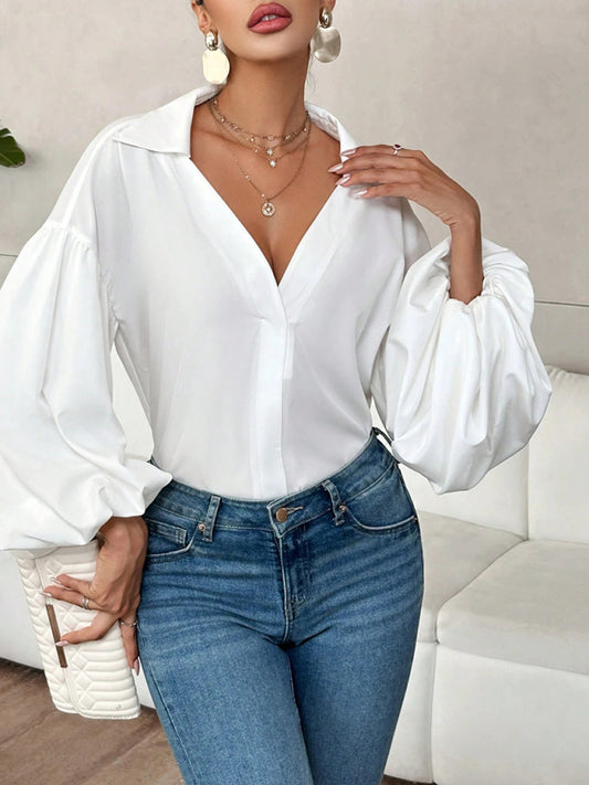 Long-Fitting, Puff-Sleeved Top With A Semi-Open Collar
