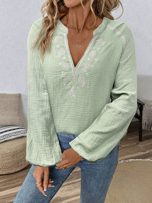 Ethnic style fashionable casual V-neck embroidered cotton top