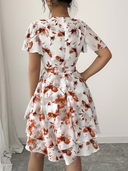 Printed deep V mini dress