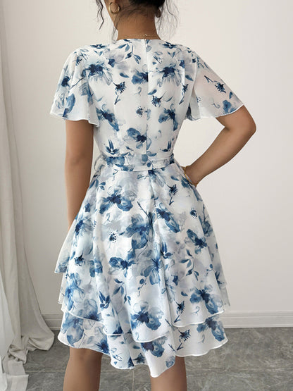Printed deep V mini dress