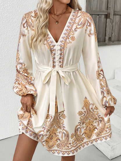 Elegant ethnic retro style V-neck paisley print dress