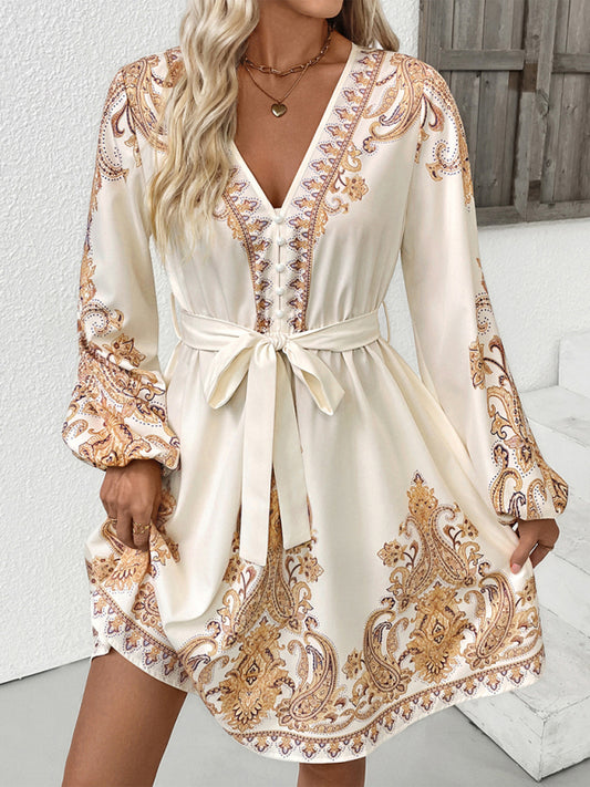 Elegant ethnic retro style V-neck paisley print dress