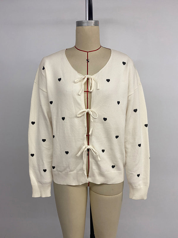 Sweet and cute heart pattern v-neck lace-up cardigan sweater jacket