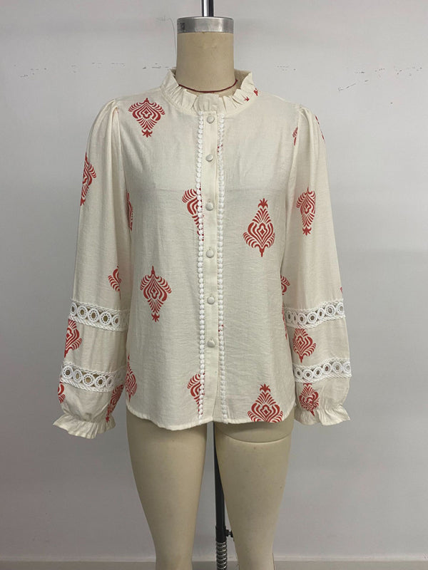 Single-breasted cardigan stand-up collar ethnic print shirt