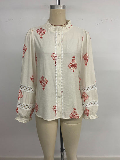Single-breasted cardigan stand-up collar ethnic print shirt